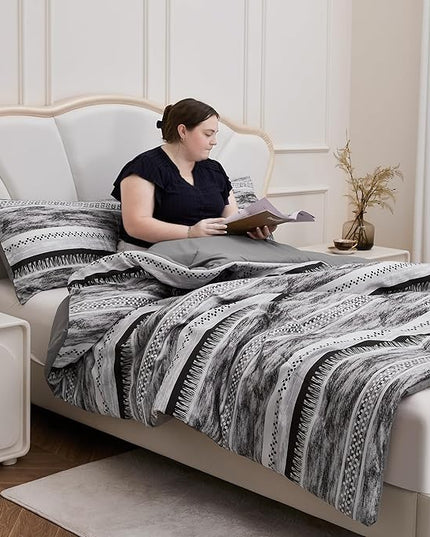 Striped Queen Size Comforter Set, Grey Black 3 PCS Microfiber Soft Lightweight Bedding Set - LeafyLoom