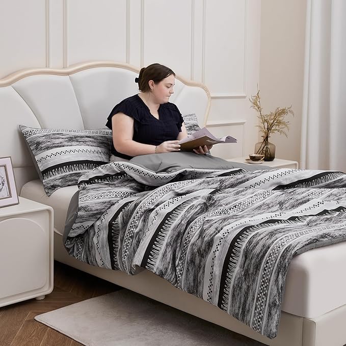 Striped Queen Size Comforter Set, Grey Black 3 PCS Microfiber Soft Lightweight Bedding Set - LeafyLoom