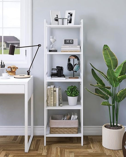 5 Tier Bamboo Shelf, Tall Narrow Bookcase, Freestanding Bathroom Storage Unit with Adjustable Shelves, Modern Display Standing Bookshelf for Living Room, Bedroom, Home Office, White - LeafyLoom