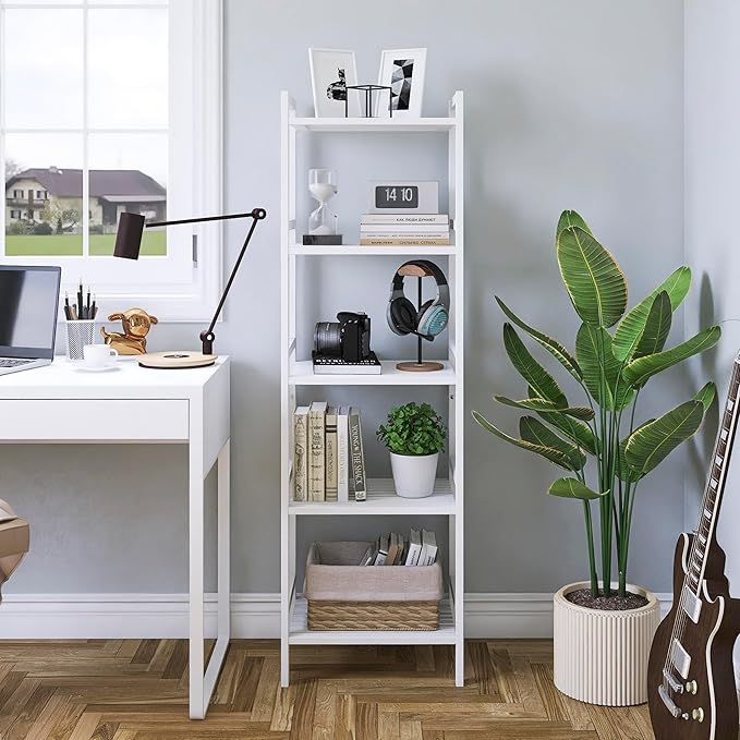 5 Tier Bamboo Shelf, Tall Narrow Bookcase, Freestanding Bathroom Storage Unit with Adjustable Shelves, Modern Display Standing Bookshelf for Living Room, Bedroom, Home Office, White - LeafyLoom
