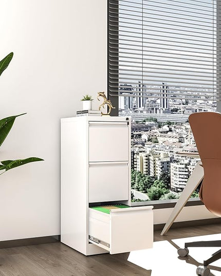 3 Drawer File Cabinet with Lock, Metal Vertical Filing Cabinets for Home Office, Steel Storage Cabinet for Hanging Legal/Letter Size Files, Assembly Required (White) - LeafyLoom