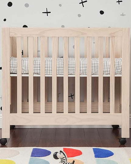 Babyletto Origami Mini Portable Crib Folding with Wheels in Washed Natural, 2 Adjustable Mattress Positions, Greenguard Gold Certified - LeafyLoom