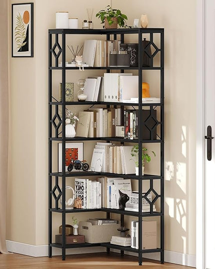 YITAHOME 7 Tier Corner Bookshelf Reversible Bookcase, Tall Bookshelf Display Rack Shelf with Metal Frame for Living Room, Bedroom, Home Office, Black - LeafyLoom