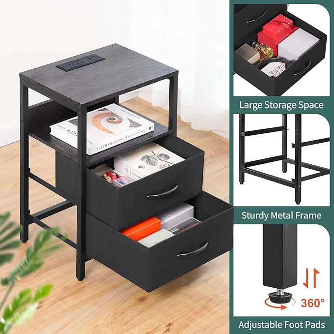 Yoobure Nightstand with Charging Station, LED Night Stand with Fabric Drawers and Storage Shelf for Bedroom, Nightstands Bedside Tables with USB Ports & Outlets, Small Night Stands, Bed Side Table - LeafyLoom