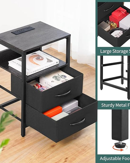 Yoobure Nightstand with Charging Station, Small Night Stand with Fabric Drawers and Storage Shelf for Bedrooms, Nightstands for Small Spaces, Bedside Table with USB Ports & Outlets, Bed Side Table - LeafyLoom