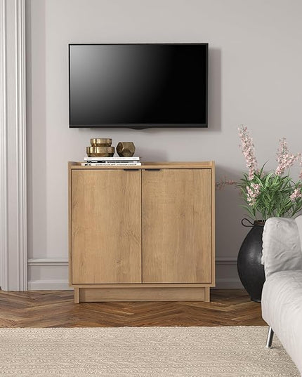Prepac Simply Modern 2 Console Table, White Doors and Shelves, Buffet Cabinet with Storage, 30.75" W x 30" H x 16" D, Oak - LeafyLoom