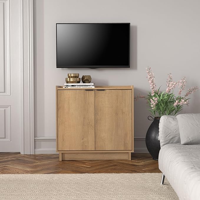 Prepac Simply Modern 2 Console Table, White Doors and Shelves, Buffet Cabinet with Storage, 30.75" W x 30" H x 16" D, Oak - LeafyLoom