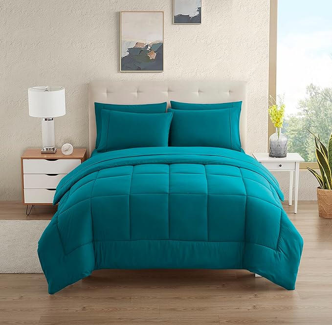 Dorm Room Essentials College Bedding Comforter Set 5 Piece Twin Size Bed in a Bag for College Students Boys and Girls, Twin, Teal - LeafyLoom