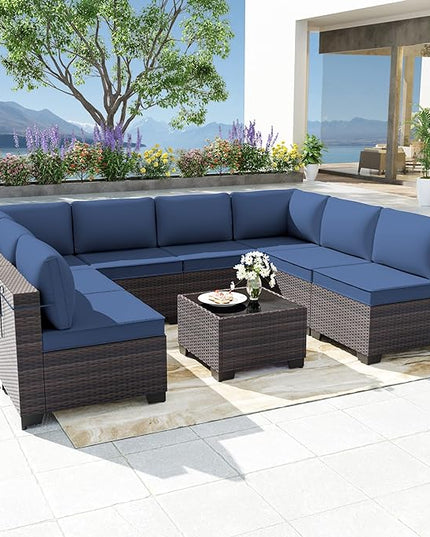 Patio Furniture Set 9-Pieces Outdoor Furniture for Backyard Wicker Sectional Sofa Set, Rattan Patio Conversation Set with Thickened Cushions and Glass Coffee Table, Navy Blue - LeafyLoom