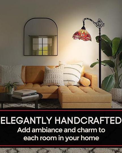 Amora Tiffany Style Floor Lamp Arched Adjustable 62" Tall Stained Glass Red Yellow Green Dragonfly Antique Vintage Light Decor Bedroom Living Room Reading Gift AM079FL10B Lighting - LeafyLoom