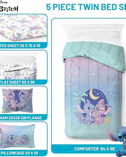 Disney Lilo and Stitch Twin Size Comforter Set - 5 Piece Floral Bedding includes Sheet Set & Pillow Covers Features Angel - Super Soft Purple & Teal Stars Kids Bedding - LeafyLoom