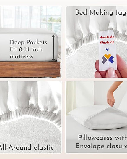 California Design Den Soft 100% Cotton Sateen Sheets with Deep Pocket, 4 Piece King Sheet Set with Sateen Weave, Cooling Sheets - Ivory - LeafyLoom