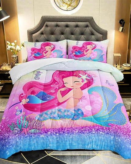 Mermaid Butterfly Comforter Set Queen Size Fairy Tale Sea Shell Grass Bedding Set Colorful Rainbow Quilt Bed Set for Kid Girls with 1 Comforter and 2 Pillowcases - LeafyLoom
