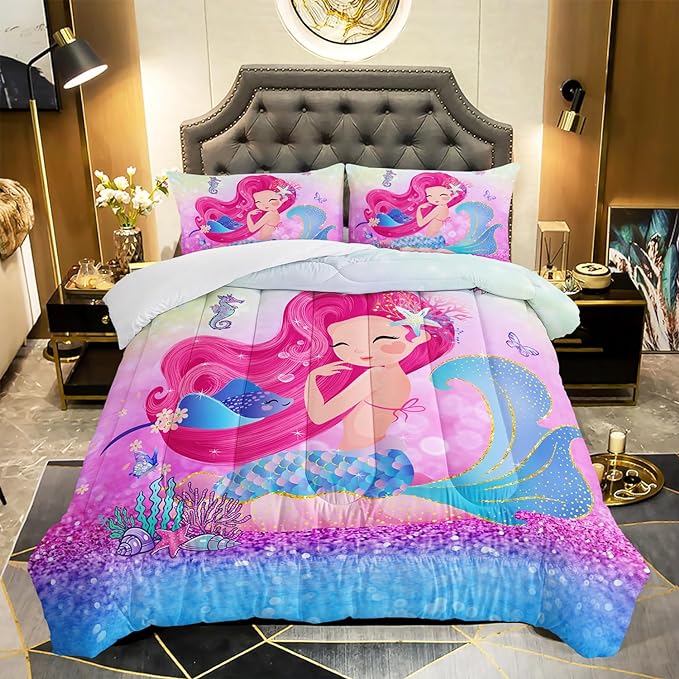 Mermaid Butterfly Comforter Set Queen Size Fairy Tale Sea Shell Grass Bedding Set Colorful Rainbow Quilt Bed Set for Kid Girls with 1 Comforter and 2 Pillowcases - LeafyLoom