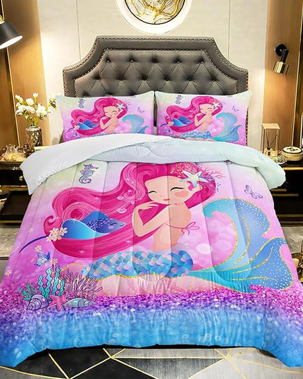 Mermaid Butterfly Comforter Set Full Size Fairy Tale Sea Shell Grass Bedding Set Colorful Rainbow Quilt Bed Set for Kid Girls with 1 Comforter and 2 Pillowcases - LeafyLoom