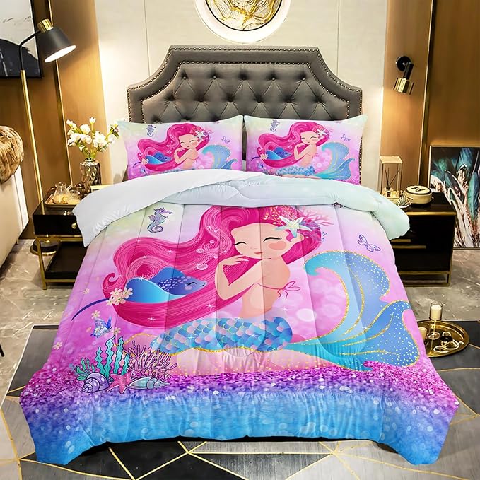 Mermaid Butterfly Comforter Set Twin Size Fairy Tale Sea Shell Grass Bedding Set Colorful Rainbow Quilt Bed Set for Kid Girls with 1 Comforter and 2 Pillowcases - LeafyLoom