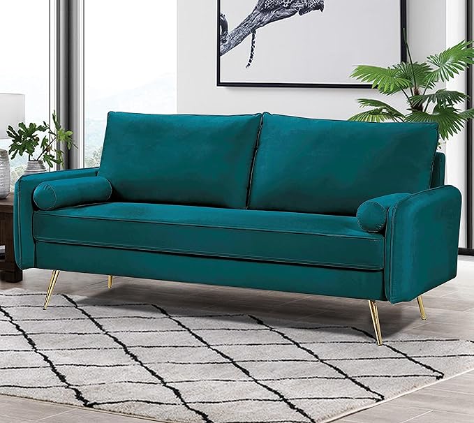 Kent Modern Sofa, European Style Velvet Living Room Furniture with Tapered Legs, Vintage Flair, and Sleek Design, Greenish Blue - LeafyLoom