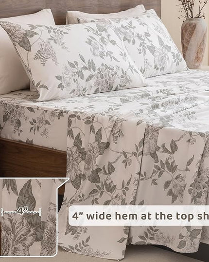 QSH Floral Egyptian Cotton Sheets Queen Size - Green Botanical Elegant Flower Pattern Printed Bedding Sheets Queen Size Bed Extra Soft and Breathable 4pcs Deep Pockets Bed Sheets - LeafyLoom