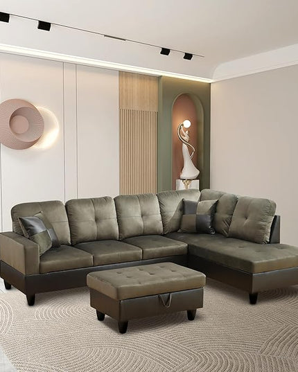 ROOMTEC 3 Piece L Shaped Sectional Sofa Set with Storage Ottoman, Right Facing Chaise Longue, Reversible Backrest w/ 2 Cup Holders, Flannel Tufted Cushions, for Living Room, Taupe - LeafyLoom