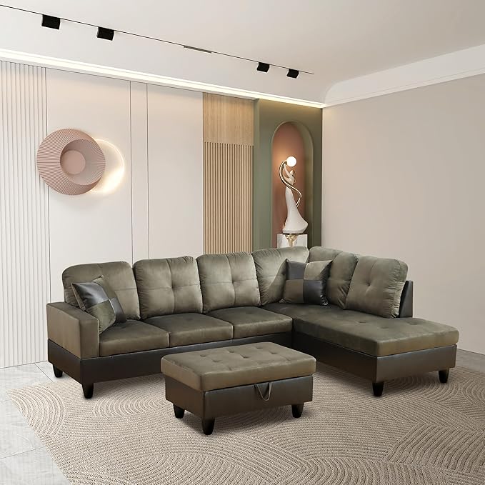 ROOMTEC 3 Piece L Shaped Sectional Sofa Set with Storage Ottoman, Right Facing Chaise Longue, Reversible Backrest w/ 2 Cup Holders, Flannel Tufted Cushions, for Living Room, Taupe - LeafyLoom