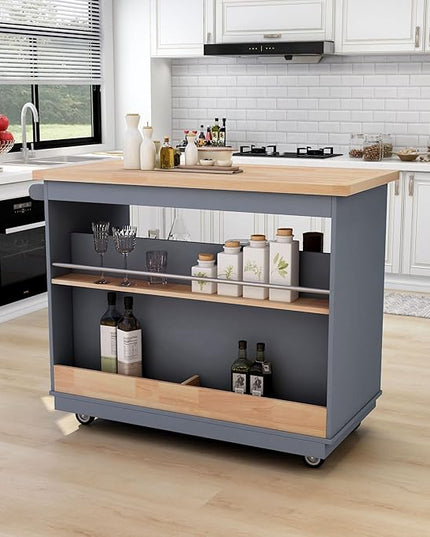 Rolling Storage, Two-sided Kitchen Island Cart on Wheels with Wood Top, Wine and Spice Rack, 2 Drawers, 3 Open Compartments, for Dining Room, Home, Grey Blue, 46 Inch - LeafyLoom