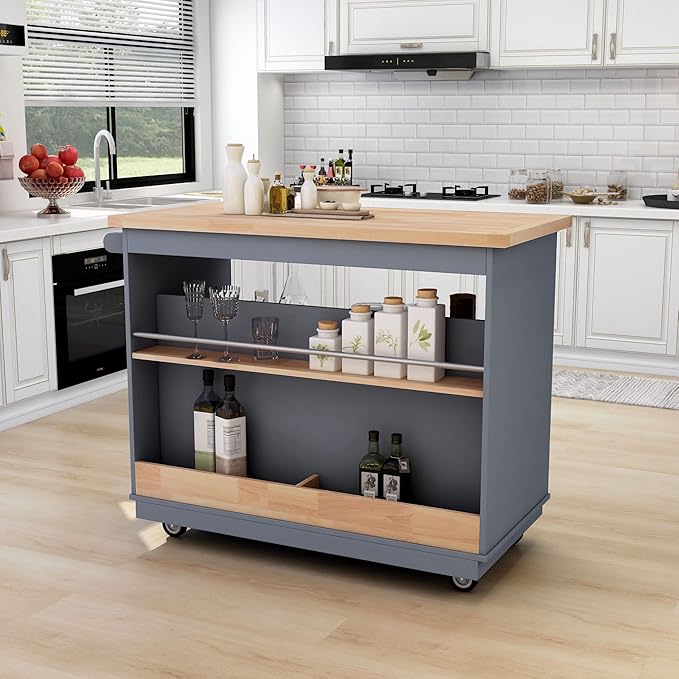 Rolling Storage, Two-sided Kitchen Island Cart on Wheels with Wood Top, Wine and Spice Rack, 2 Drawers, 3 Open Compartments, for Dining Room, Home, Grey Blue, 46 Inch - LeafyLoom