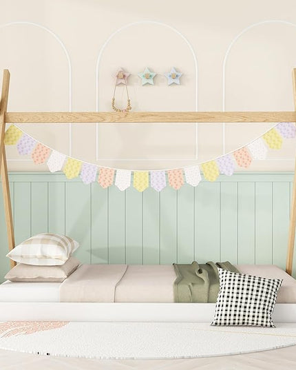 Bellemave Twin Size Tent Floor Bed Frame with Triangle Structure, Teepee Bed Platform Bed for Kids,Montessori Floor Bed for Girls Boys(Twin,White+Natural) - LeafyLoom