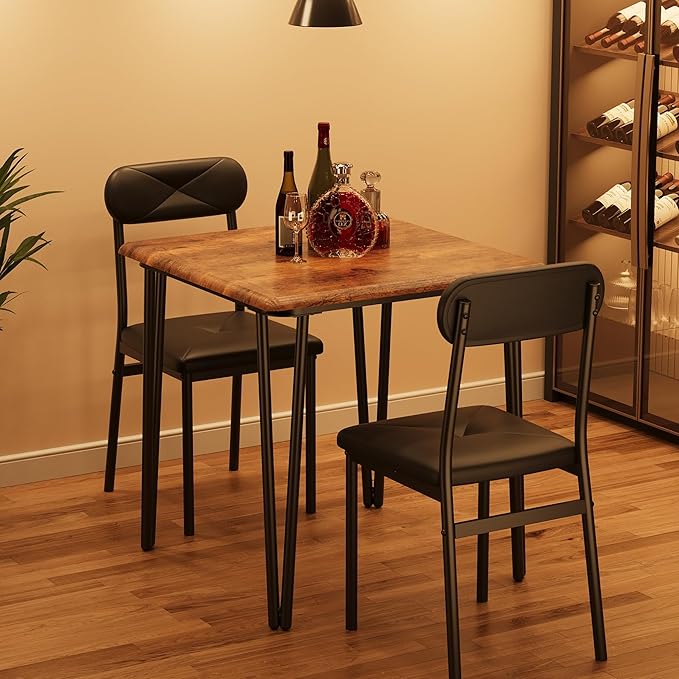 Dining Table for 2, Small Square kitchen Dinner Table Set for 2,Space Saving Wood Modern Dinette With Upholstered,Dining Room Furniture for Breakfast Nook, Apartment,Home Office Small Space,3 Piece - LeafyLoom