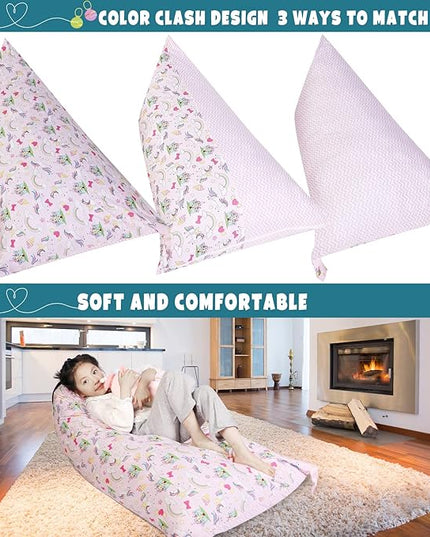 Stuffed Animal Storage Bean Bag Chair Cover, Cotton Pink Unicorn Rainbow Plush Toy Storage Stuff and Sit Seat for Kids/Teens/Adults, 52" x 31" Extra Large Triangle Sofa, 200L/52Gal, Cover Only - LeafyLoom