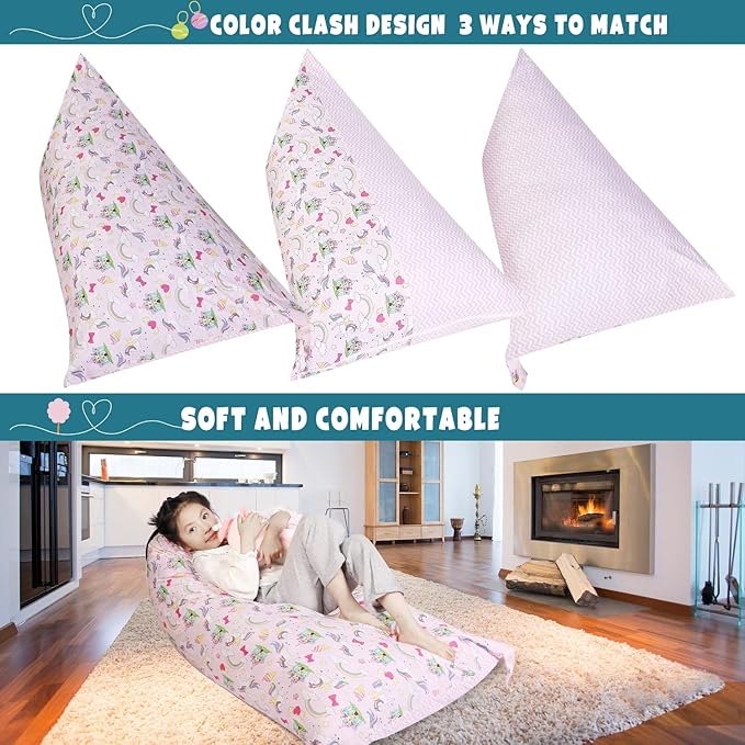 Stuffed Animal Storage Bean Bag Chair Cover, Cotton Pink Unicorn Rainbow Plush Toy Storage Stuff and Sit Seat for Kids/Teens/Adults, 52" x 31" Extra Large Triangle Sofa, 200L/52Gal, Cover Only - LeafyLoom