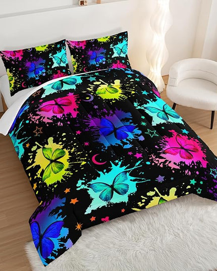 HOSIMA Colorful Butterfly Comforter Set for College Girls and Boys Full Size Bed in a Bag Set,3Pcs Bedding Set Colorful Ink Print Comforter with 2 Pillowcases,Star Moon Black Comforter. - LeafyLoom