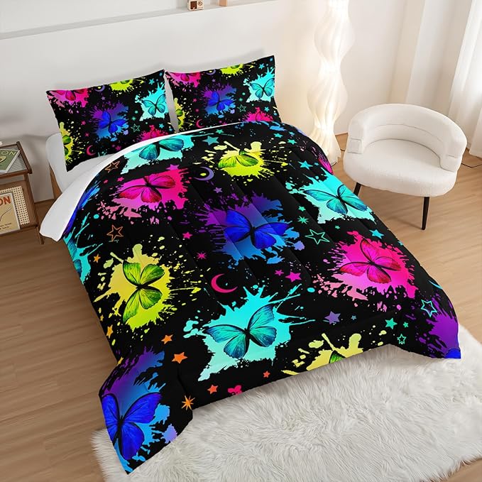 HOSIMA Colorful Butterfly Comforter Set for College Girls and Boys,3Pcs Bedding Set Colorful Ink Print Comforter with 2 Pillowcases,Star Moon Black Queen Comforter Set for All Seasons. - LeafyLoom
