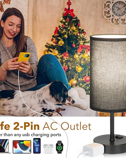 GGOYING Set of 2 Bedroom Table Lamp, Bedside Lamps with 3-Color Modes LED Bulbs, AC Outlet, Black Lampshade Nightstand Lamp for Living Room Nightstand Office - LeafyLoom