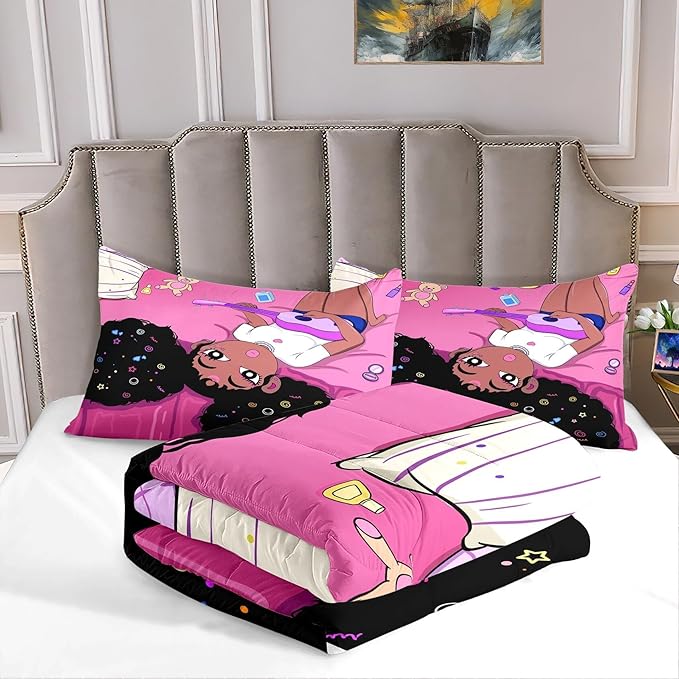 Black African American Girls Full Size Comforter Sets - Black Girl Full Size Bedding Sets for Girls Pink Princess Bedroom Sets Room Decor Full Size Comforter Set, 1 Comforter+2 Pillowcases - LeafyLoom
