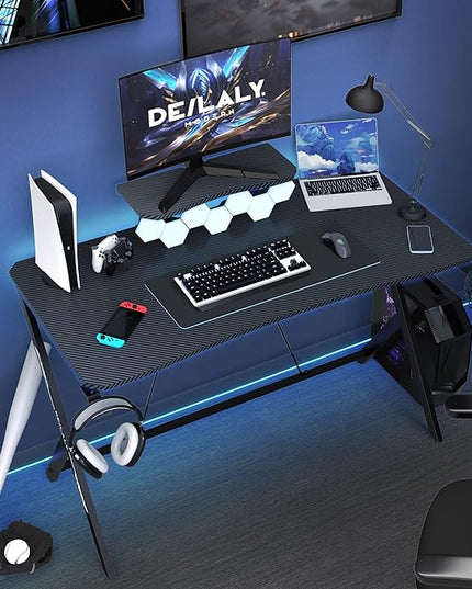 45IN Gaming Desk Gamer Table Carbon Fiber Surface Computer Table Gamer Desk with Monitor Shelf Office Home Study Desk Work PC Table Steel Legs Corner Desk Black - LeafyLoom