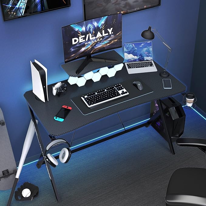 45IN Gaming Desk Gamer Table Carbon Fiber Surface Computer Table Gamer Desk with Monitor Shelf Office Home Study Desk Work PC Table Steel Legs Corner Desk Black - LeafyLoom