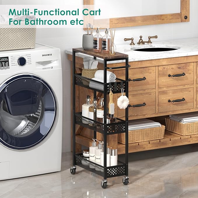 Slim Storage Cart 4 Tier Narrow Kitchen Rolling Cart on Wheels for Small Space, Mobile Utility Cart Shelving Unit with Wooden Top and Metal Handle for Kitchen, Bathroom, Laundry Room - LeafyLoom