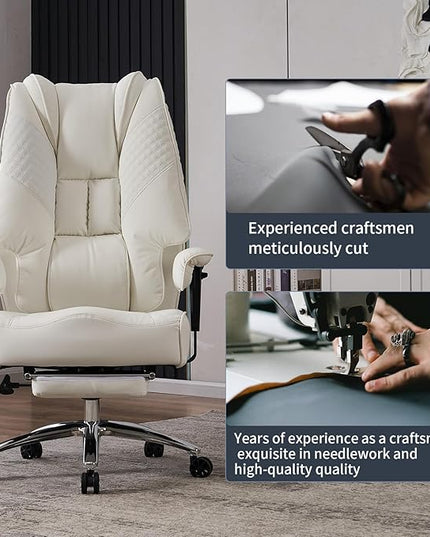 Big and Tall Office Chair 400lbs Wide Seat, Leather High Back Executive Office Chair with Foot Rest, Ergonomic Office Chair Lumbar Support for Lower Back Pain Relief (White) - LeafyLoom