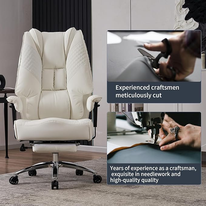 Big and Tall Office Chair 400lbs Wide Seat, Leather High Back Executive Office Chair with Foot Rest, Ergonomic Office Chair Lumbar Support for Lower Back Pain Relief (White) - LeafyLoom