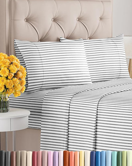 Cal King Size 4 Piece Sheet Set - Comfy Breathable & Cooling Sheets - Hotel Luxury Bed Sheets for Women & Men - Deep Pockets, Easy-Fit, Soft & Wrinkle Free Sheets - Grey Stripes Oeko-Tex Bed Sheet Set - LeafyLoom