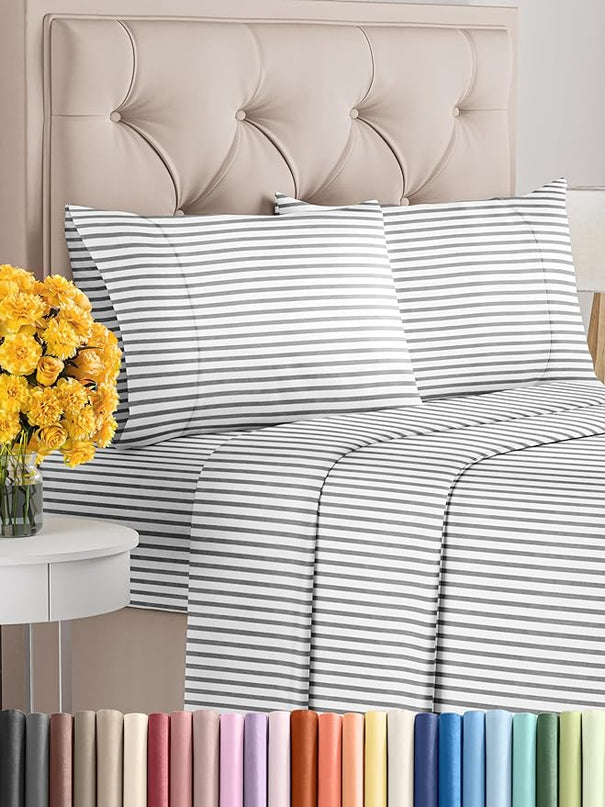 Cal King Size 4 Piece Sheet Set - Comfy Breathable & Cooling Sheets - Hotel Luxury Bed Sheets for Women & Men - Deep Pockets, Easy-Fit, Soft & Wrinkle Free Sheets - Grey Stripes Oeko-Tex Bed Sheet Set - LeafyLoom