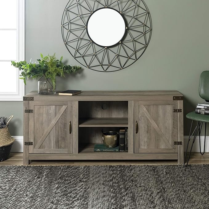 Walker Edison Georgetown Modern Farmhouse Double Barn Door TV Stand for TVs up to 65 Inches, 58 Inch, Grey - LeafyLoom