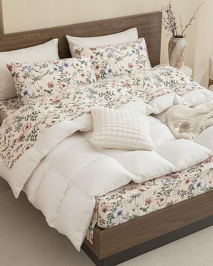 QSH Floral Egyptian Cotton Sheets King Size - Pink Flowers Green Leaves Pattern Printed Bedding King Size Bed Sheets 17.5" Extra Deep Pocket 4pcs - LeafyLoom