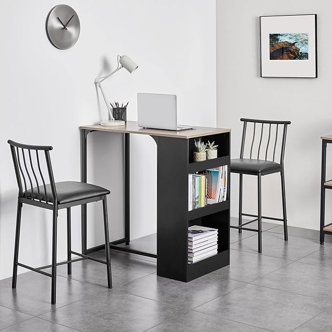 Yaheetech 3-Piece Dining Table Set, Counter Height Bar Table Set for 2, Compact Kitchen Table Set with 3-layer Side Storage Shelf for Kitchen Small Space, Black/Gray - LeafyLoom