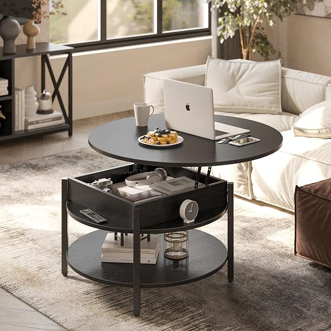 FABATO Round Lift Top Coffee Table with Storage and Hidden Compartment, 26.77'' Farmhouse Coffee Table for Living Room Reception Room, 2 Tier Small Round Coffee Table Circle Dining Table, Black - LeafyLoom
