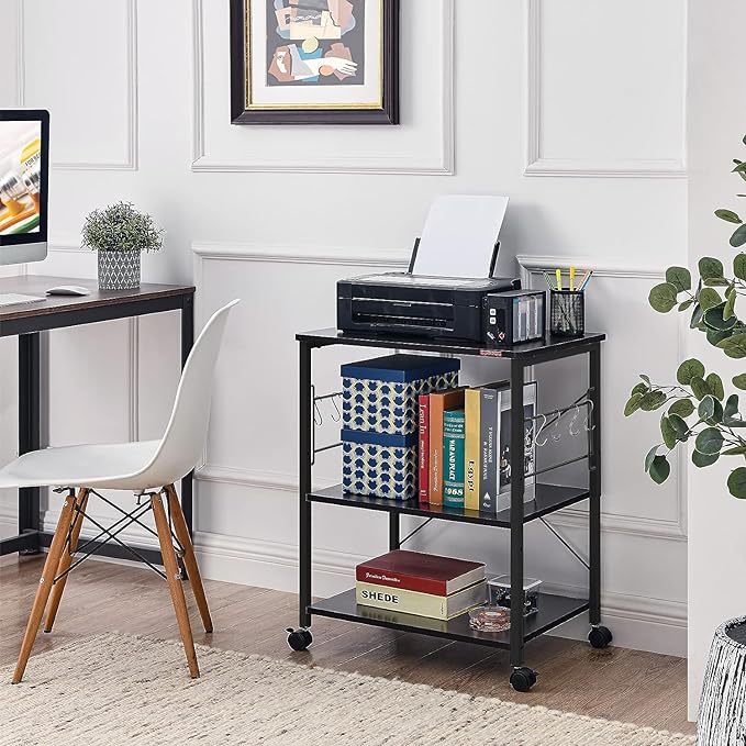 Mr IRONSTONE Kitchen Stand Microwave Cart 23.7'' for Small Space, Coffee Bar Table 3-Tier Rolling Utility Microwave Stand on Wheels, Coffee Cart with Storage Bakers Rack, Black Board+Black Metal Frame - LeafyLoom
