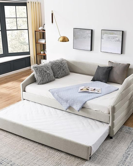 Linen Upholstered Full Size Daybed with Trundle, Solid Wood Tufted Sofa Bed Frame w/Pull Out Bed for Guest Room, Bedroom, Dorm, No Box Spring Needed, Beige - LeafyLoom