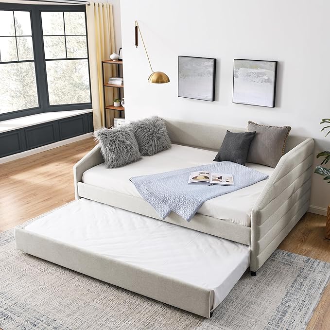 Linen Upholstered Full Size Daybed with Trundle, Solid Wood Tufted Sofa Bed Frame w/Pull Out Bed for Guest Room, Bedroom, Dorm, No Box Spring Needed, Beige - LeafyLoom