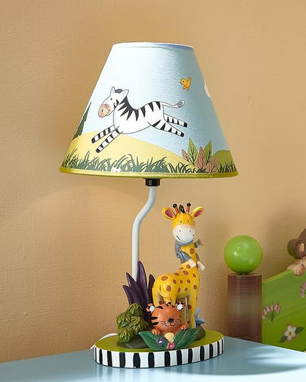Fantasy Fields - Sunny Safari Animals Thematic Kids Table Lamp, for Girls & Boys Rooms with Printed Zebra Lampshade & Sculpted Monkey, Giraffe, & Tiger Base, Jungle Lamp for Nurseries & Baby Rooms - LeafyLoom