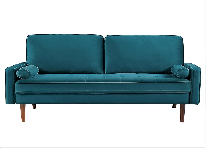 US Pride Furniture Velvet 70" Sofa Couch, Iconic Mid-Century Style Living Room Furniture with Contemporary Silhouette, Button Tufting and Wood Legs, Includes 2 Bolster Pillows, Greenish Blue - LeafyLoom